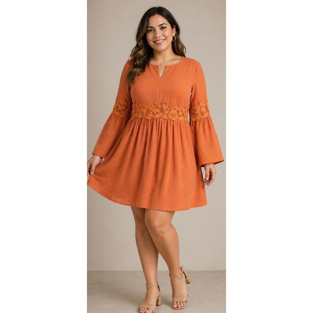 Easel Orange Lace Detail‎ Bell Sleeve A Line Dress Women's Size M